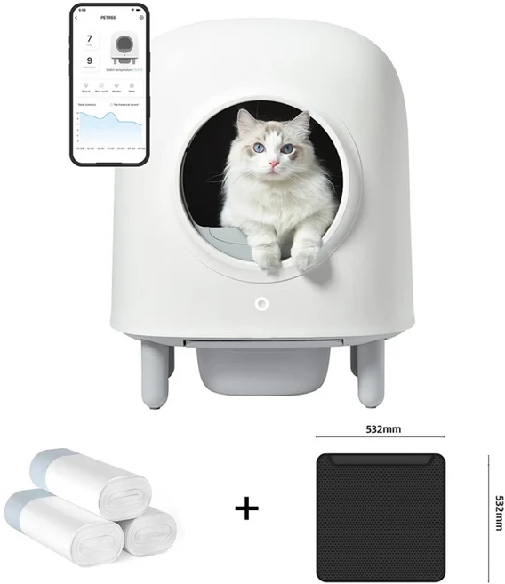 지능형 고양이 화장실 자동 자가 세척 고양이 변기 WIFI 원격 제어 애완동물 트레이 분리형 고양이 변기, 01 32mm, 04 Round White