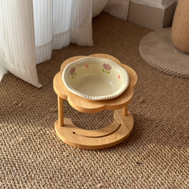 플로럴 세라믹 펫 볼 나무 스탠드 고양이 강아지 식기대, 1세트, 튤립