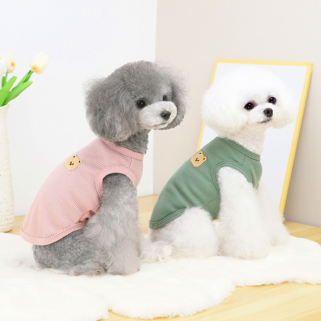 펫보스 강아지옷 시원한 와플 나시 티셔츠, 그린, 1개