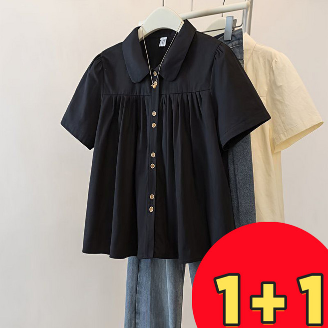 AOKADA 여성 여름 루즈핏 카라넥 플리츠 A라인 반팔 셔츠 블라우스