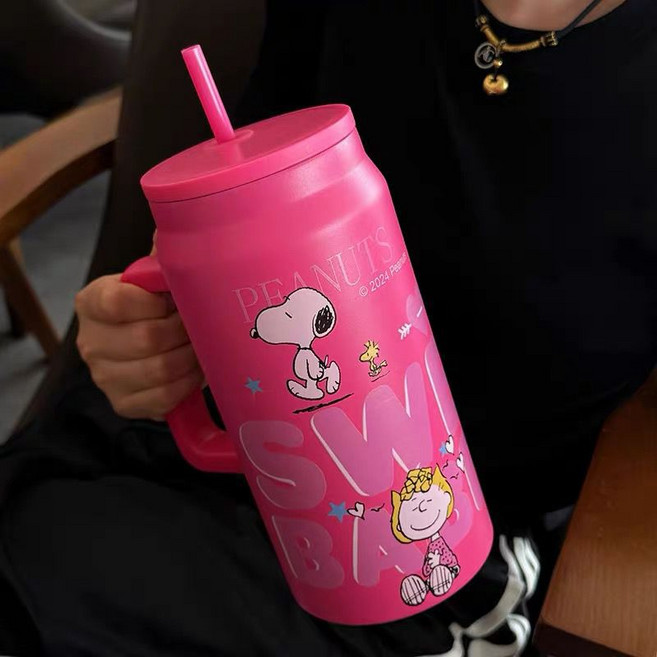 GOYES 캐릭터 스누피 도안 텀블러 대용량 보온 보냉병 빨대 텀블러, 1개, 1500ml, 핫핑크