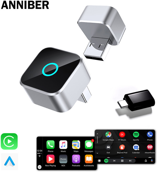 [1년 품질 보증]ANNIBER 초미니 무선 애플 카플레이 안드로이드 오토 2in1 스마트 차량용 무선 카플레이 미러링 동글, 실버, CP88