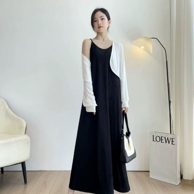 여성 나시 롱 원피스 플리츠 루즈핏 민소매 무지 끈나시 원피스 N-0040