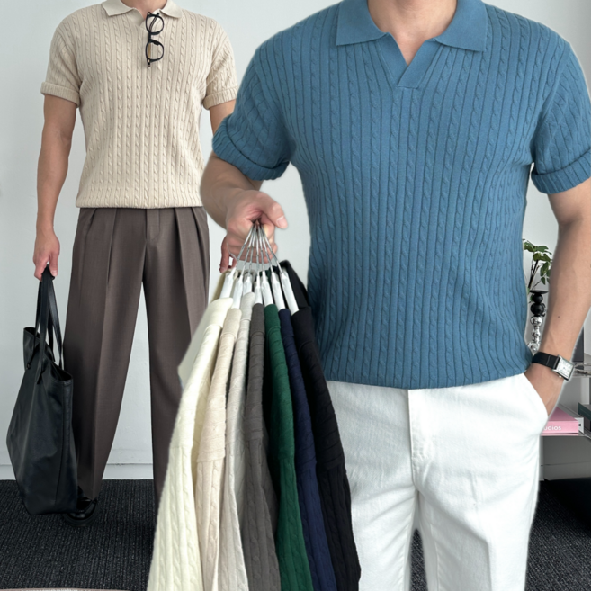 꽈배기반팔니트 케이블카라니트 반팔카라니트 꽈배기반팔 케이블반팔 머슬핏반팔 남성니트반팔 반팔카라티 PK반팔 남자카라티 머슬핏카라티