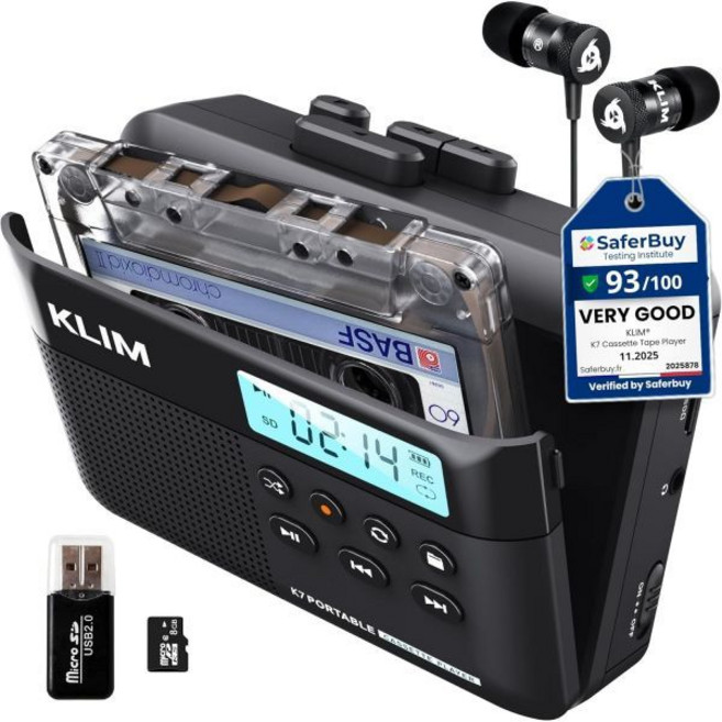 KLIM K7 카세트 테이프 플레이어 카세트에서 MP3로 변환기 휴대용 내장 마이크 및 스피커 충전식 배터리 이어폰 8GB SD 카드, 8GB Black