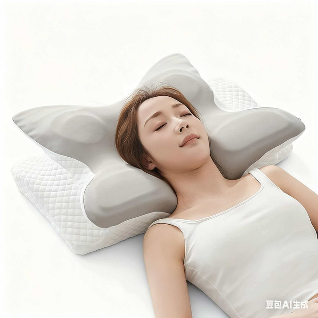 蝶形護頸記憶枕 人體工學設計記憶棉枕頭 舒適透氣釋壓改善睡眠品質 長58CM*寬38CM*高, 白灰, 1件