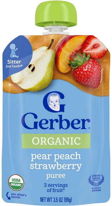 Gerber 유기농 Puree 2nd Foods® 배 복숭아 딸기 99g(3.5oz) Gerber (거버), Gerber, 유기농 Puree, 2nd Foods® - 쿠팡