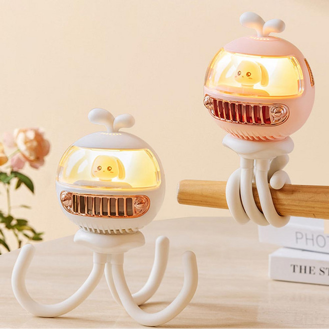 무선선풍기 귀여운 아기 문어발 LED 휴대용 유모차 선풍기 무드등, 화이트