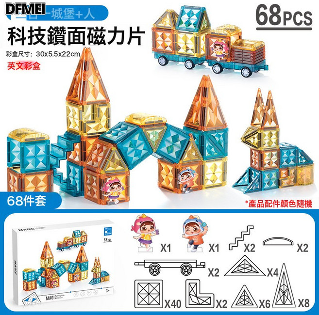 DFMEI 4D鑽面大自然色彩窗磁力片兒童DIY拼裝強磁積木套裝玩具, 1個, 【英文彩盒】68PCS三合一城堡+人-鑽面磁力片 800g:參考詳情