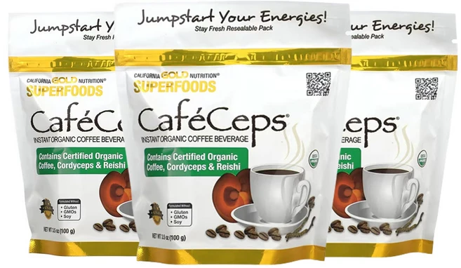 캘리포니아골드 뉴트리션 CafeCeps 유기농 인증 인스턴트 커피 동충하초 및 영지버섯 분말 함유 100g(3.5oz), 100g, 3개 - 쿠팡
