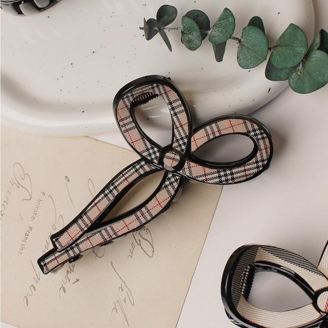 초콜리트쥬얼리 프렌치 클래식 체크패턴 왕 리본 반머리 올림머리 헤어 집게핀 - 2color