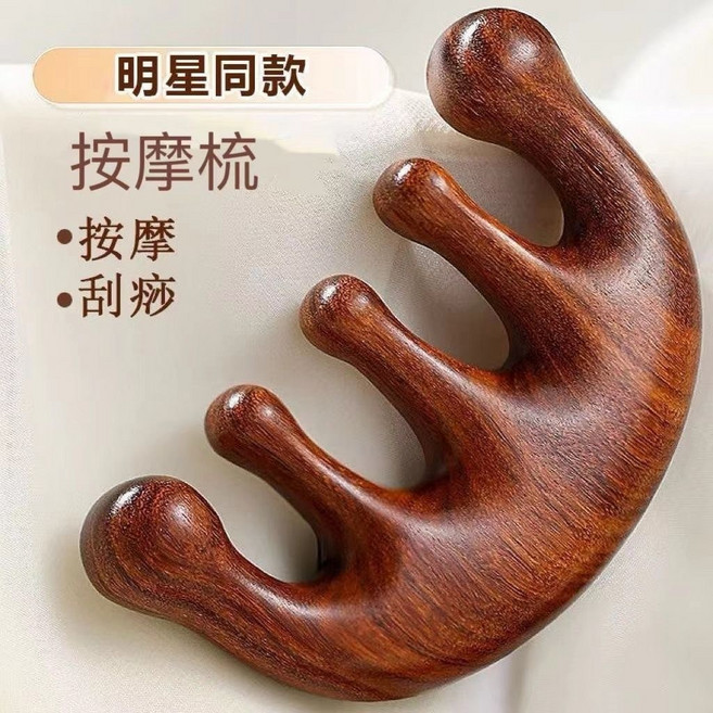 檀木圓盤按摩梳 頭部經絡梳, 1個, 圓手按摩梳