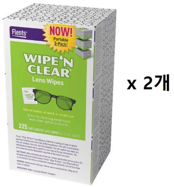 Flent's 플렌츠 와입 앤 클리어 렌즈 티슈 225매 x 2개 - 쿠팡
