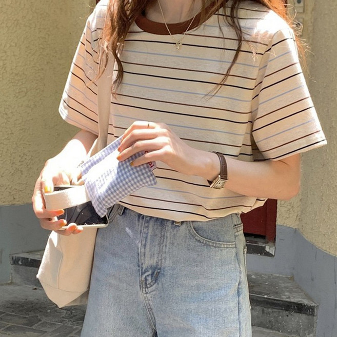 로지 레브 스트라이프 여성반팔티셔츠