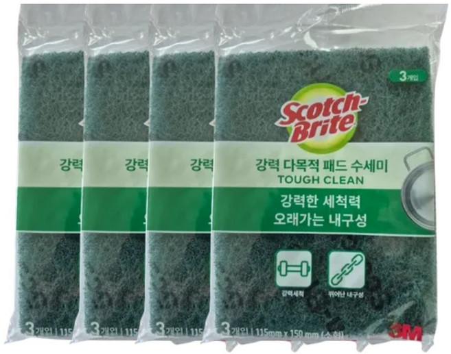3M 강력 다목적 패드 수세미 (소형) 11.5cm x 15cm AL-173, 4개, 3개입
