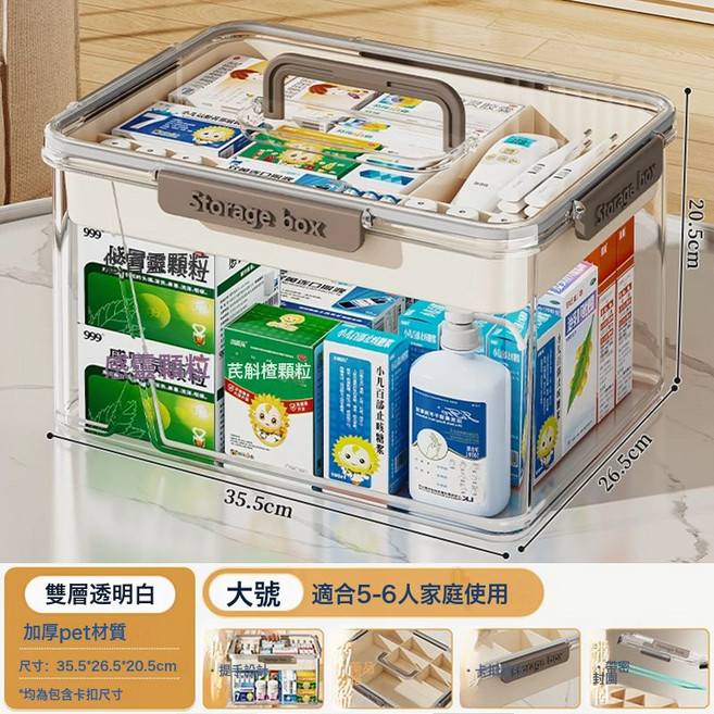 DIU 醫藥箱家庭裝大號家用大容量多層密封急救藥品醫療箱小藥物收納盒, 1個, 【大號-雙層透明白】特厚升級:如圖