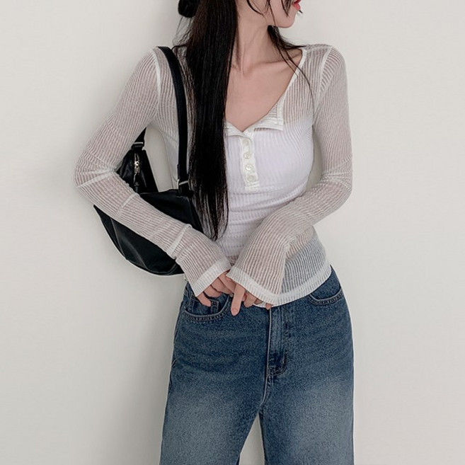 피니 (시스루 말라보이는**) 로프 시스루 골지 단추 긴팔티 (3color) 이너티 긴팔티 가을긴팔 여리핏긴팔 꾸안꾸 데일리룩 산책룩