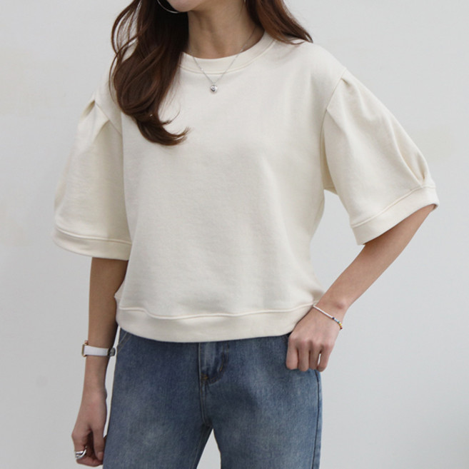 마이쏭 더힐퍼프소매맨투맨 라운드 반팔 데일리룩 여성스러운