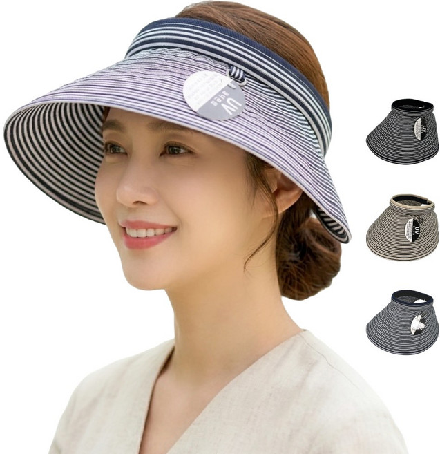 국산 스트라이프 썬캡 여성 여름모자 UV자외선차단 접이식 머리편한모자