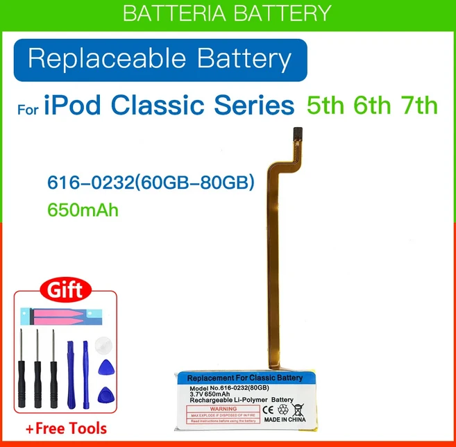 새로운 650mAh A1036 아이팟 클래식 5세대 5.5 비디오 30GB 616-0229 6세대 7세대 씬 배터리+공구, 02 616-0232 (60GB 80GB)
