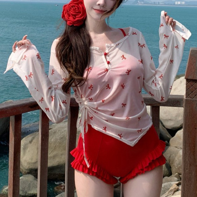 야오야오 리본 모노키니 커버업 투피스 세트, 레드