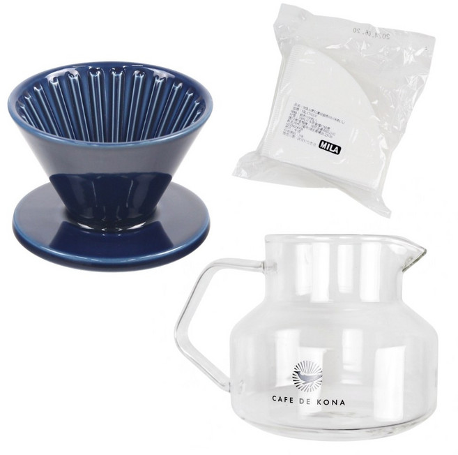 CAFEDE KONA 時光陶瓷濾杯套組 (附濾紙與咖啡壺), 藍, 1個