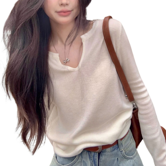 여성 긴팔 니트 무지 작은 브이넥 얇은 이너 니트 티셔츠 H45415