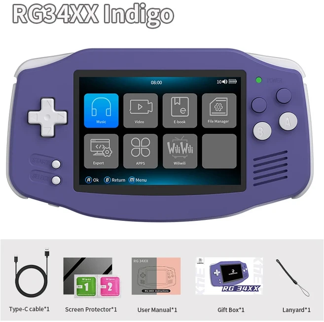 ANBERNIC RG34XX 레트로 휴대용 게임 콘솔 3.4인치 IPS Linux 64비트 3500mAh 비디오 플레이어는 스트리밍, 05 Indigo 64GB