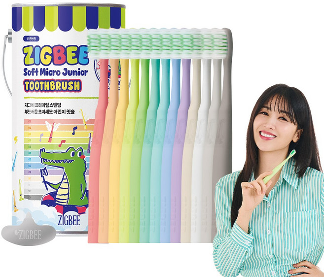 지그비 스탠딩 주니어 부드러운 초미세모 어린이 칫솔 엄마배우 Pick, 1개, 13개입, 혼합색상