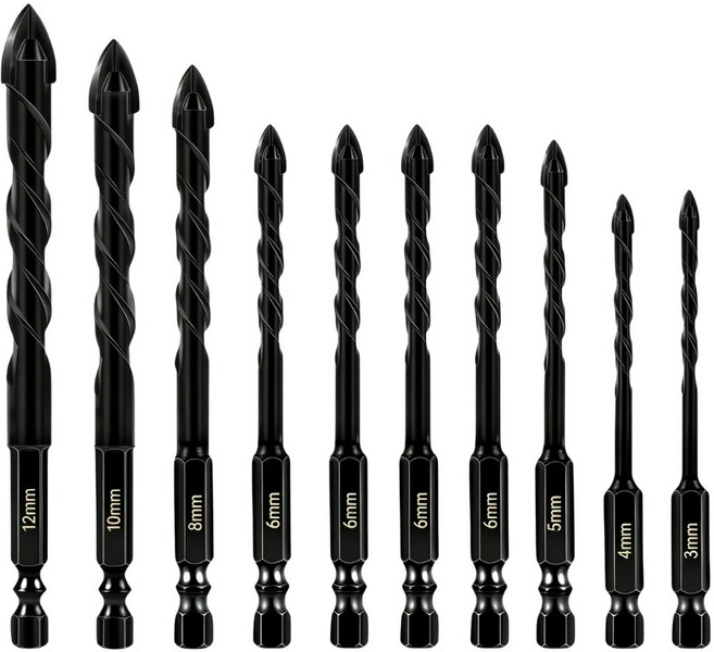 4날 콘크리트 드릴비트 3mm-12mm 10개입 세트 타일 유리 대리석 드릴 기리 적용, 1세트