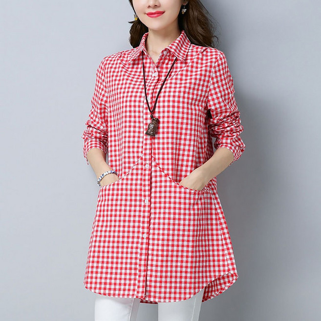 ROYALBELLE 여성 체크 하프 기장 셔츠 루즈핏 캐주얼 긴팔 남방 빅포켓 반팔 셔츠 E0020706