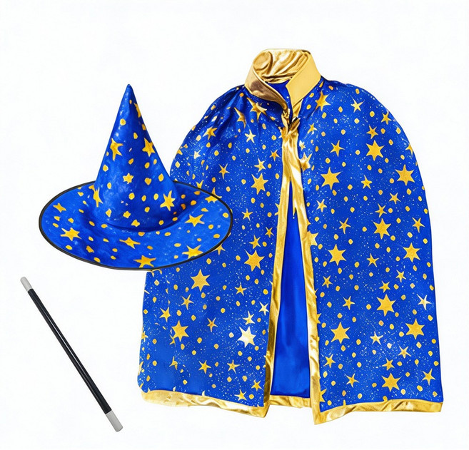 JL매직 별무늬 망토+모자+지팡이 마법사 의상 세트 할로윈 파티 공연 크리스마스 의상, 블루, 1세트