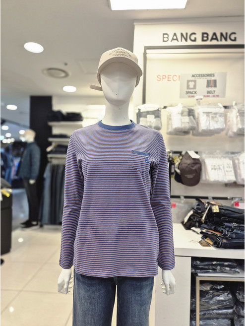 뱅뱅 봄 #신상 반값# 여성 면 100% 스트라이프 라운드 긴팔 티셔츠 CTM105
