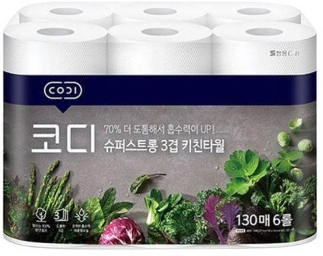코디 울트라 슈퍼스트롱 키친타월 130매 6롤 x 6팩 키친타올, 6박스