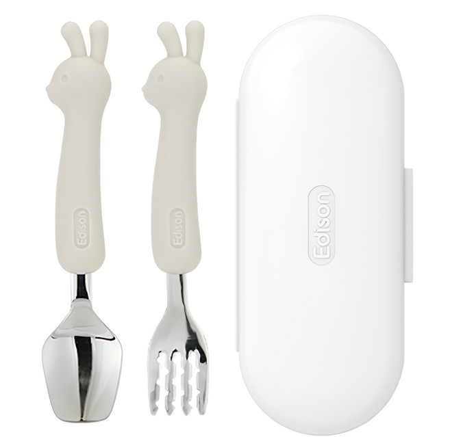 에디슨 유아 실리콘 스푼 포크 케이스 세트, 토끼크림, 스푼 + 포크 + 케이스, 1세트