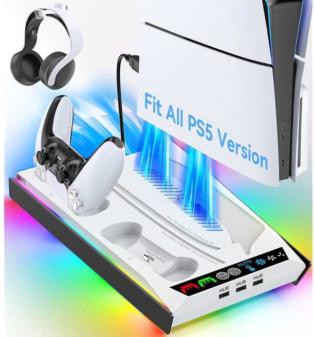 디스크 및 디지털 콘솔용 PS5 /Slim /Pro 스탠드 RGB 조명이 있는 냉각 충전 스테이션 컨트롤러 충전기 내장 3레벨 자동 조절 팬 액세서리 3개의 USB 포트 제공, White & Black