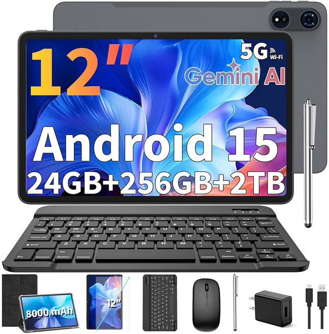 12인치 안드로이드 15 태블릿 2026년 키보드 태블릿 24GB 256GB 2TB 제미니 AI 옥타코어 8000mAh 5G WiFi 와이드바인 L1 GMS 태블, Black