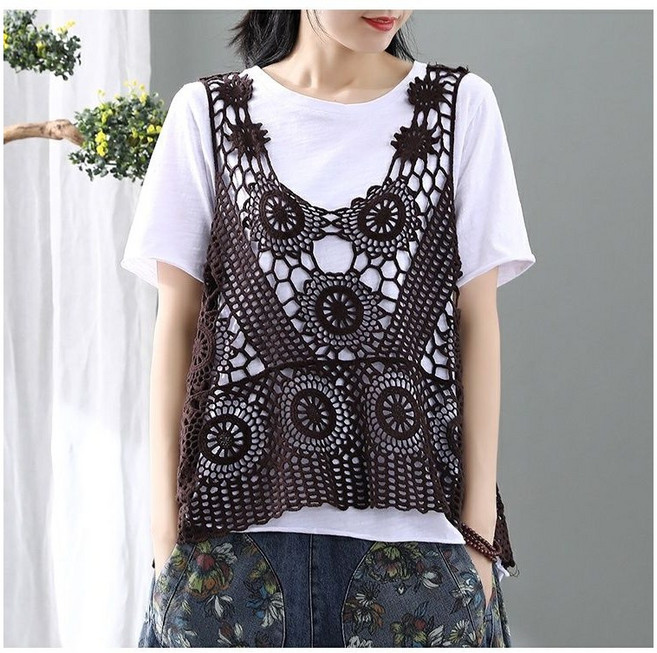 여성 빅사이즈 니트조끼 그물 니트베스트 망사조끼(끈 민소매 포함)