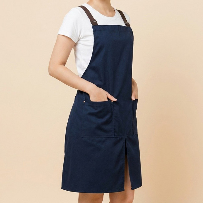 여성 여름 앞치마 방수 홀 서빙 카페 네일 빅사이즈 원피스 린넨 업소용, 1개, 네이비