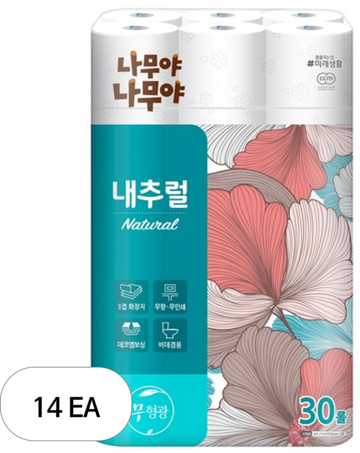 나무야나무야 내추럴 3겹 고급롤화장지, 27m, 30롤, 14개