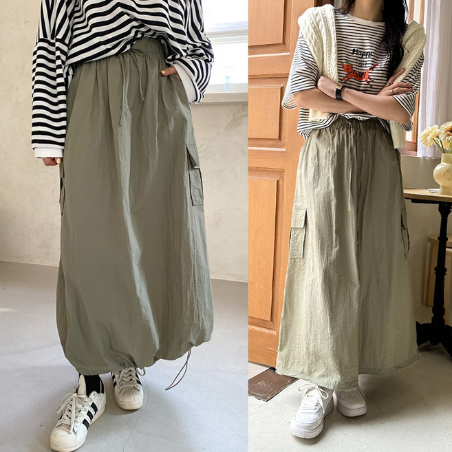 데일리앤 니체 바스락 롱 스커트 빅사이즈 가벼운 밴딩 카고 치마