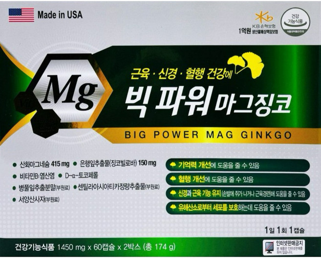 빅파워 마그징코 60캡슐x2(4개월) / 은행잎추출물 산화마그네슘 비타민 기억력 혈행, 60정, 2개