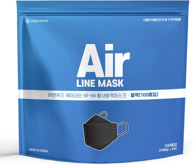 KF94 에어라인 마스크 대형 보건용 국산 숨쉬기편한 가벼운 대용량, 100매입, 1세트, 블랙