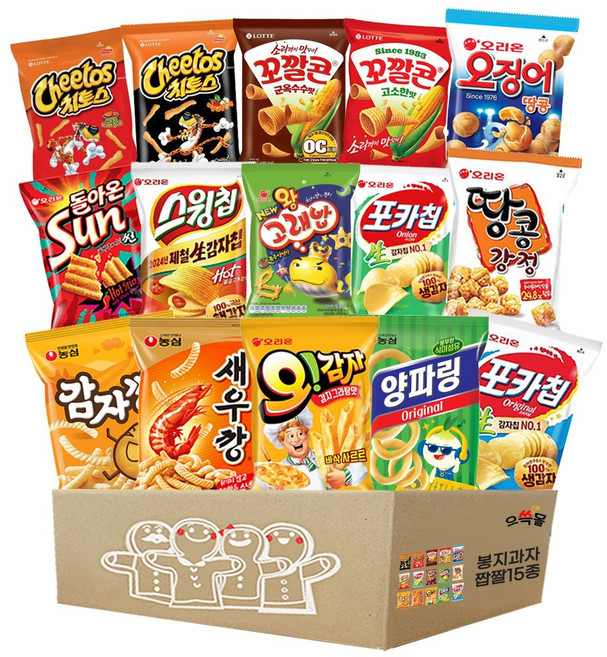 봉지과자 짭짤세트 새우깡+감자깡+양파링+오감자그라탕+포카칩+치토스 매콤달콤 + 치토스 스모키바베큐 +꼬깔콘 고소한맛 +꼬깔콘 군옥수수+ 콘칲+오징어땅콩, 1세트, 15종