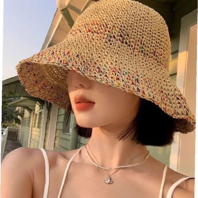 해변 휴양지 천연소재 손뜨개 망사형 통기성 넓은챙 여름철 야외활동 햇빛차단
