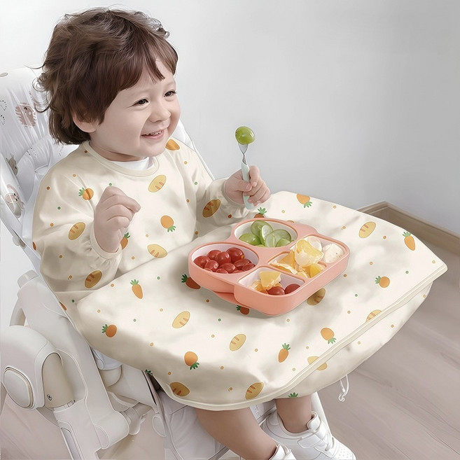 이유식 턱받이 긴팔 턱받이 아기 방수 턱받이 전신 커버 오염방지 어린이집 필수템, 1개, 1개입, 소프트 캐롯 베이지