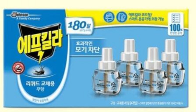 에프킬라 리퀴드 모기약 무향 리필 45일 4개, 33ml