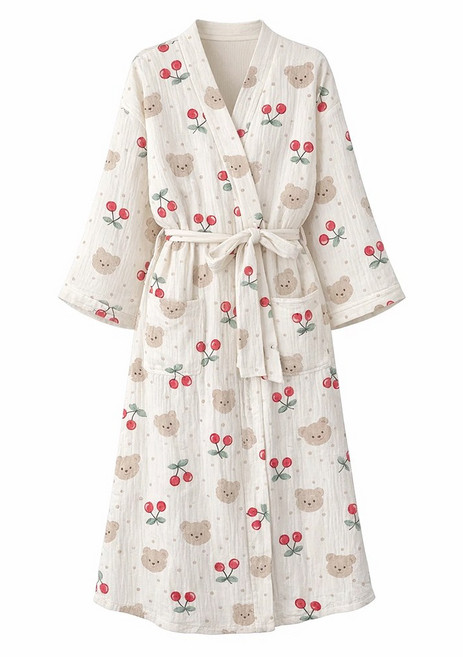 투데이리빙 여리여리 긴팔 샤워 가운 여성 여자 여성용 목욕 로브 가정용 겨울용 여름 수면 잠옷, 1개, 체리