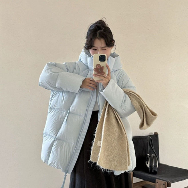 BIKASU 여성 오버핏 캐주얼 후드 하프 패딩 데일리 루즈핏 경량 패딩 점퍼