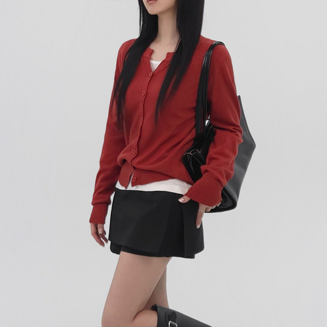 센시즌 네이 여성 간절기 캐시미어 터치 세미크롭 레이어드 라운드 기본 긴팔 가디건